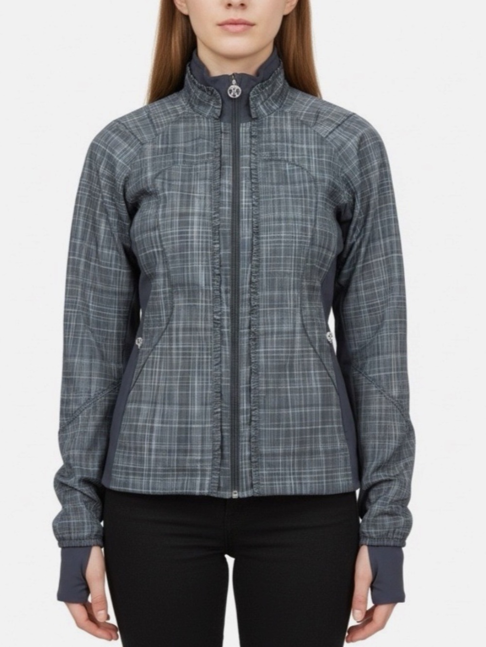 Lululemon Gray Plaid Lightweight Full-Zip Ruffle Trim and High Collar Jacket